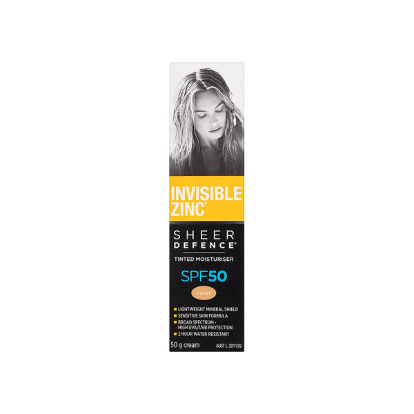 Invisible Zinc Sheer Defence Tinted Moisturiser SPF50 Light 50g carton, front