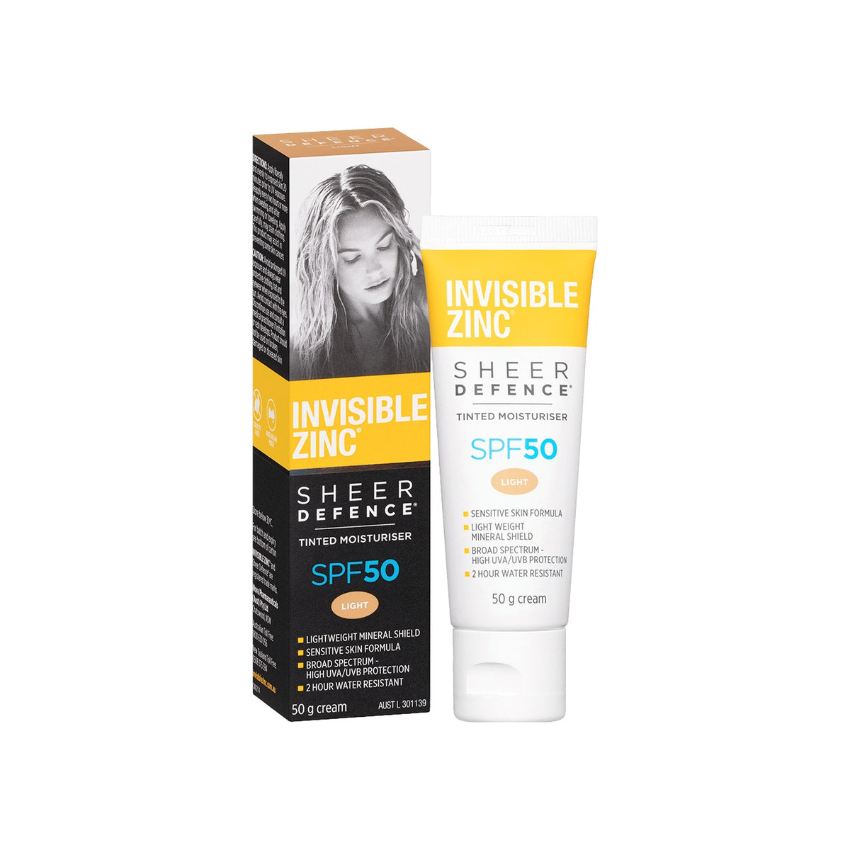 Invisible Zinc Sheer Defence Tinted Moisturiser SPF50 Light carton and tube