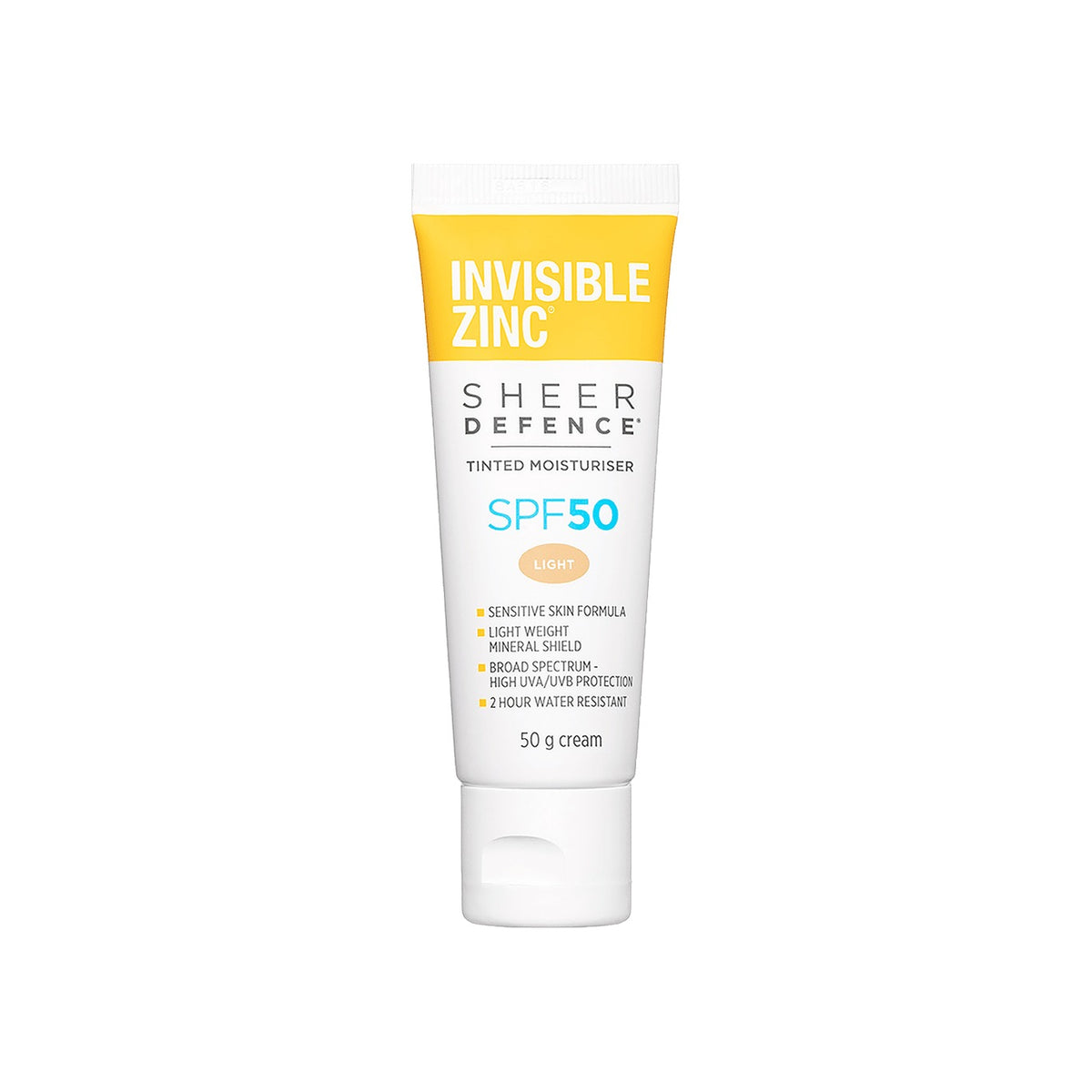 Invisible Zinc Sheer Defence Tinted Moisturiser SPF50 Light 50g tube, front