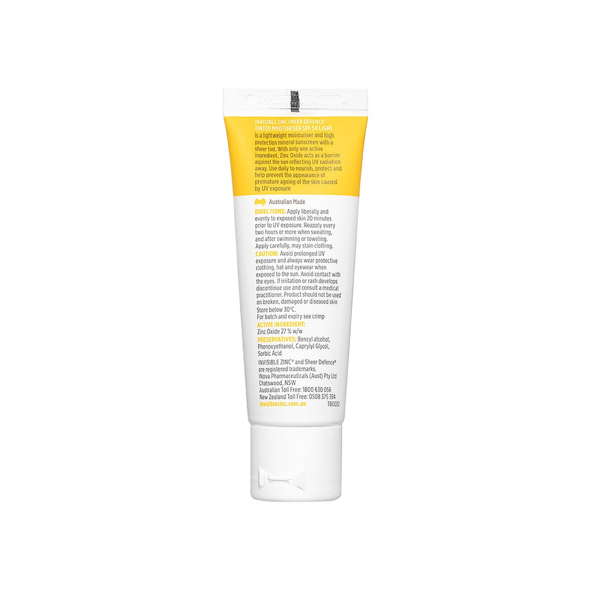 Invisible Zinc Sheer Defence Tinted Moisturiser SPF50 tube, back