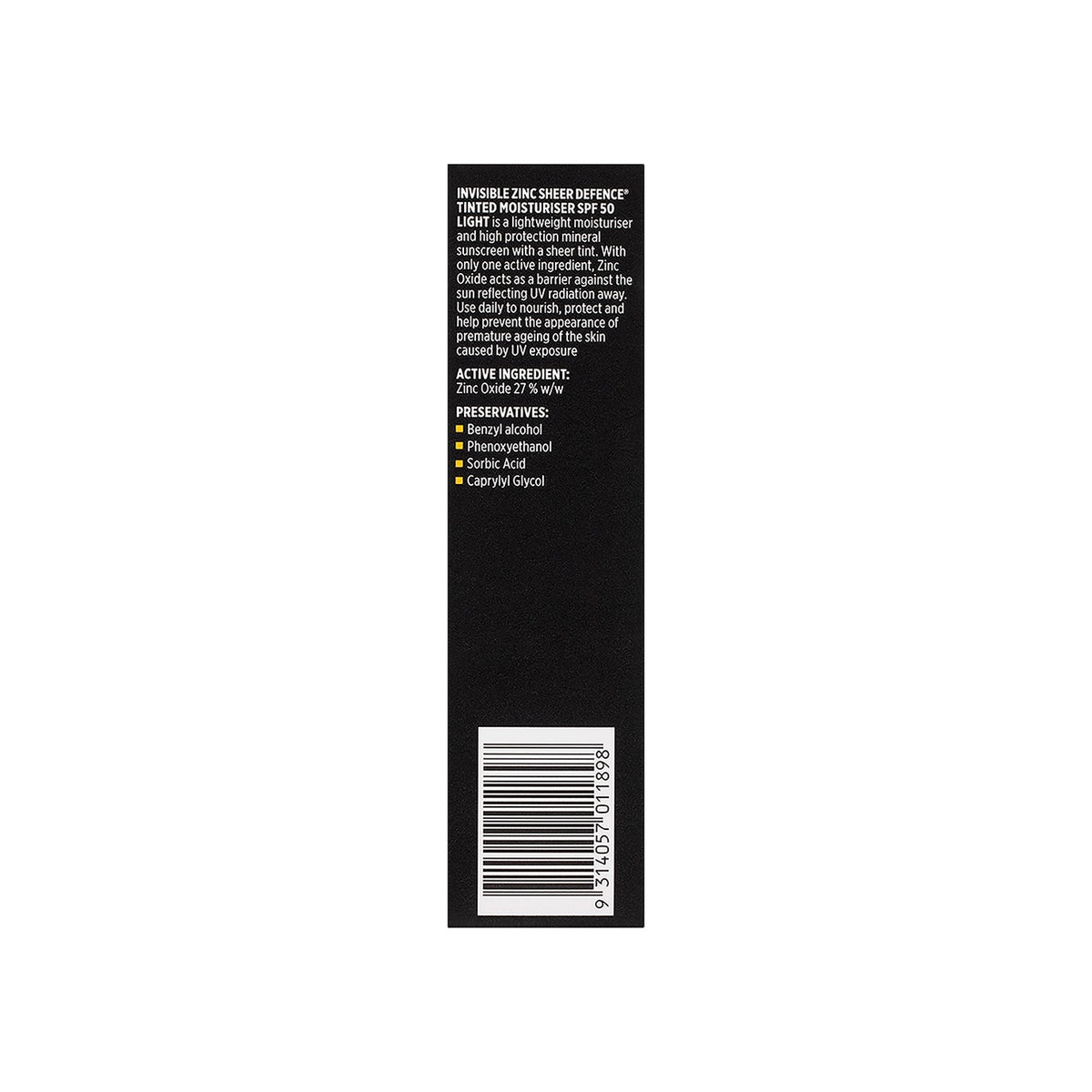 Invisible Zinc Sheer Defence Tinted Moisturiser SPF50 carton back with active ingredient and preservatives