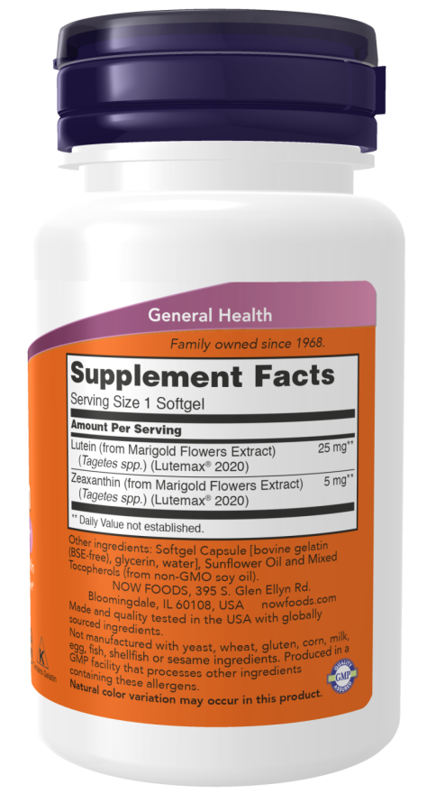 Image of Lutein 25mg & Zeaxanthin 5mg 60sgcaps supplement facts
