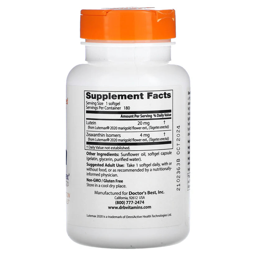 Image of Lutein with Lutemax (20mg) 180caps supplement facts
