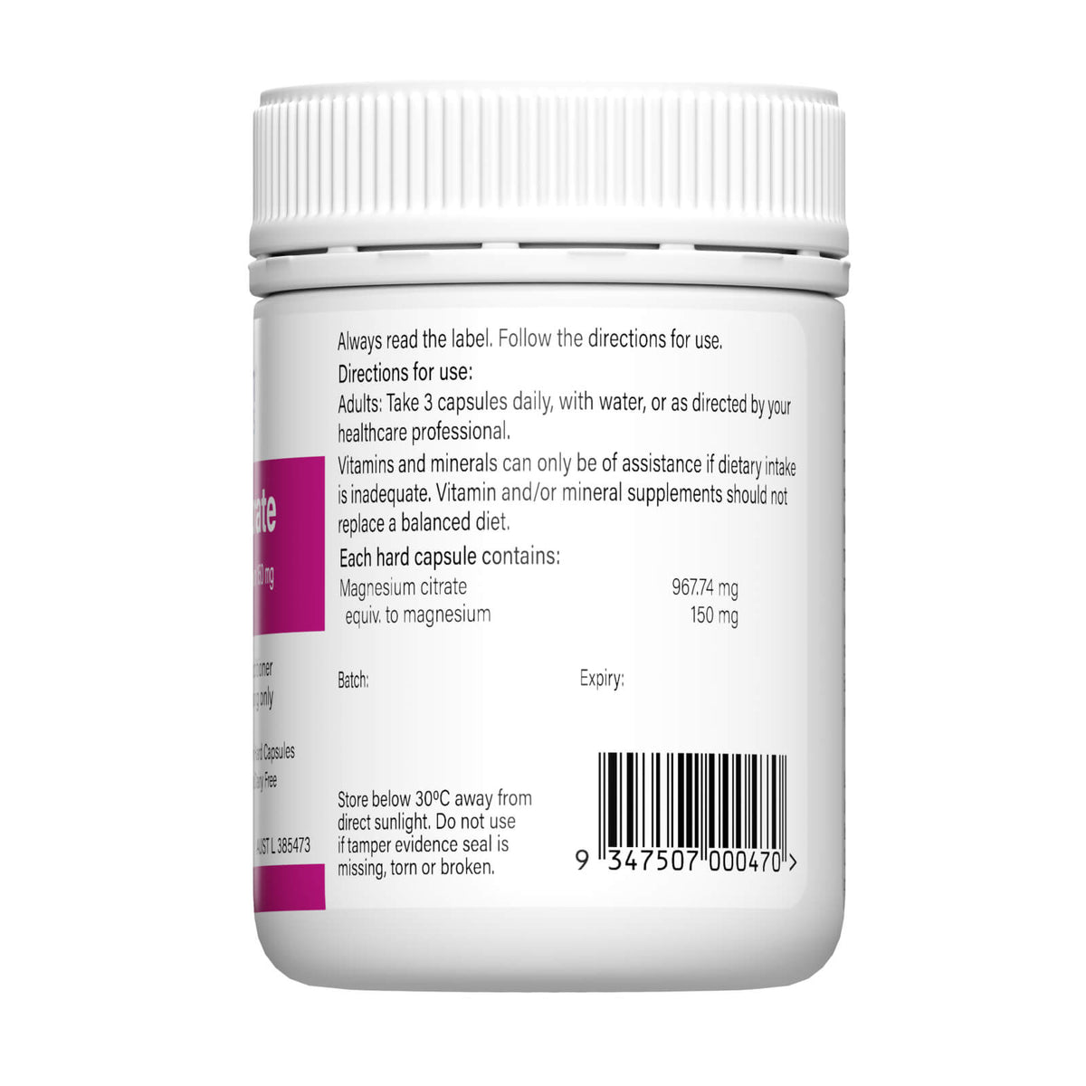 Image of Magnesium Citrate 120 caps ingredients