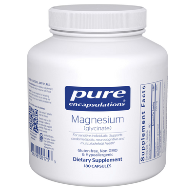 Front image showing white bottle of Pure Encapsulations Magnesium Glycinate 180 Capsules