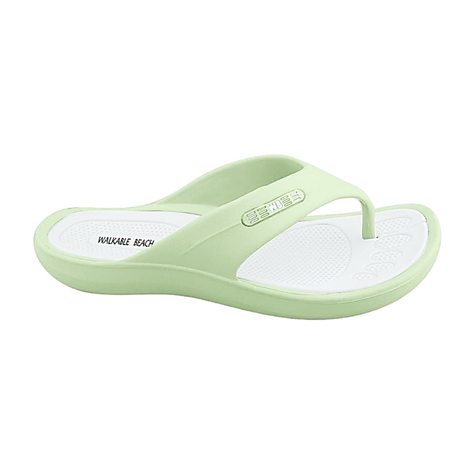 Walkable Beach Malibu women's jandal in pistachio green and white, side view