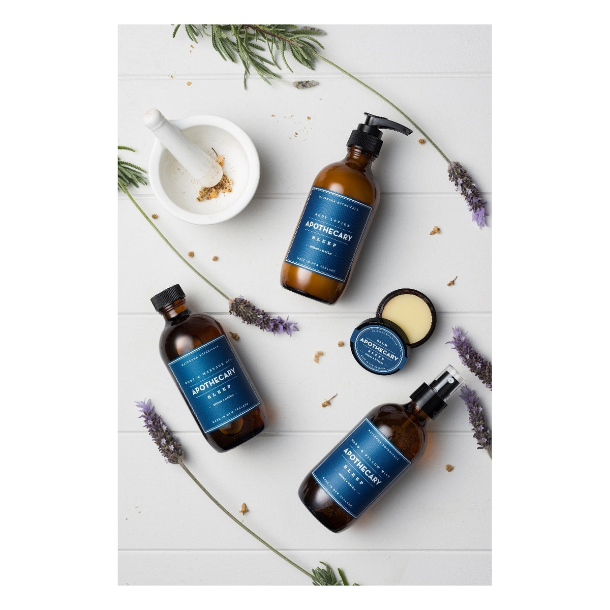 The Apothecary Sleep range photographed with lavender