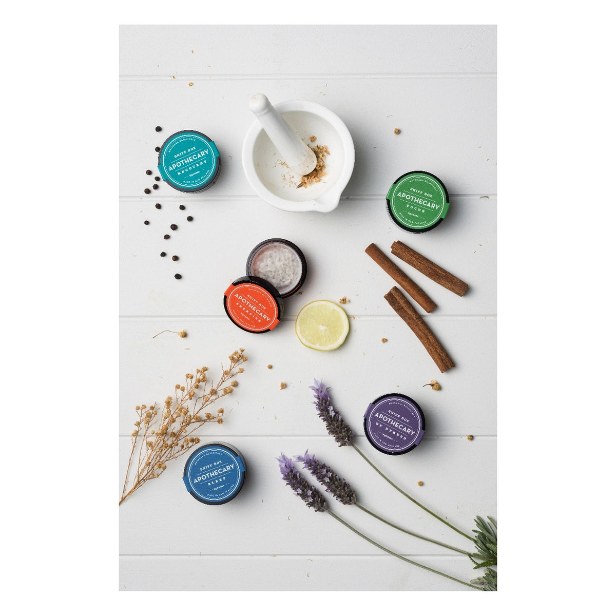 The Apothecary sniff box range laid out with lavender, cinnamon and citrus