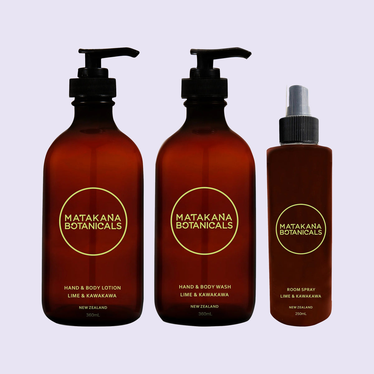 Lime & Kawakawa hand and body lotion, hand and body wash and room spray together