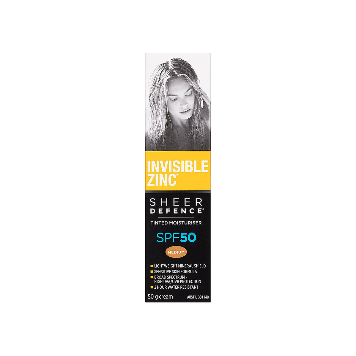 Invisible Zinc Sheer Defence Tinted Moisturiser SPF50 Medium 50g carton, front