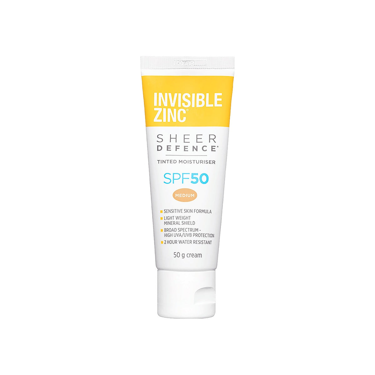 Invisible Zinc Sheer Defence Tinted Moisturiser SPF50 Medium 50g tube, front
