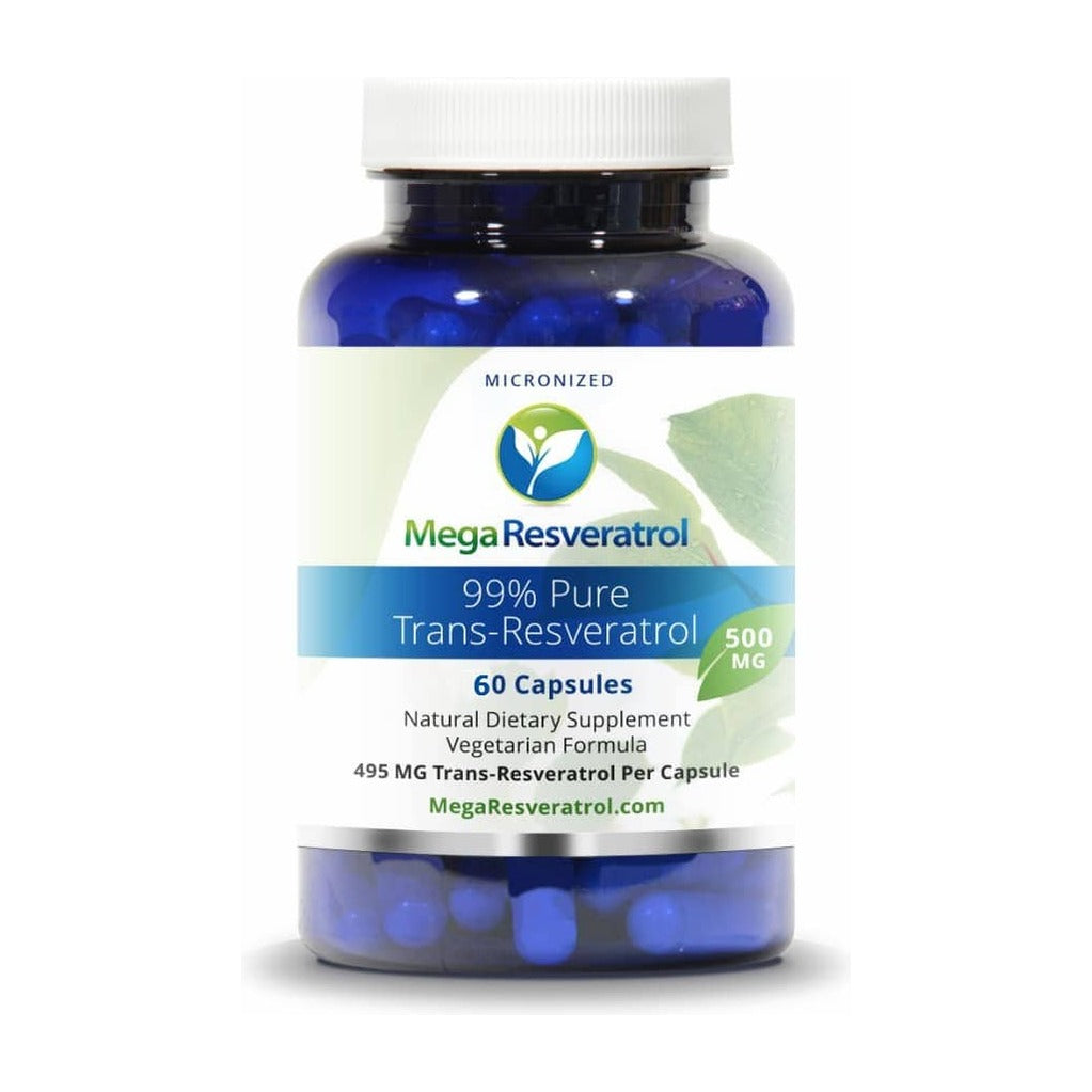 MegaResveratrol 99% Pure Trans-Resveratrol 500mg, cobalt blue glass bottle of 60 vegetarian capsules, front of pack