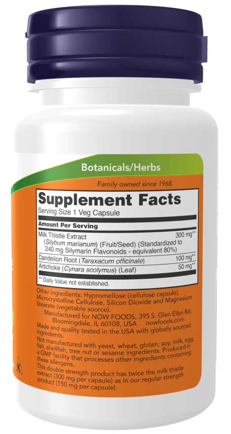 Image of Milk Thistle Extract, Silymarin with Artichoke & Dandelion Double Strength 300mg 100vcaps supplement facts
