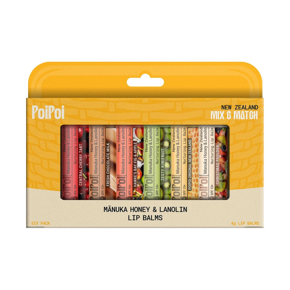 The PoiPoi six pack of lip balm sticks, all six New Zealand flavours