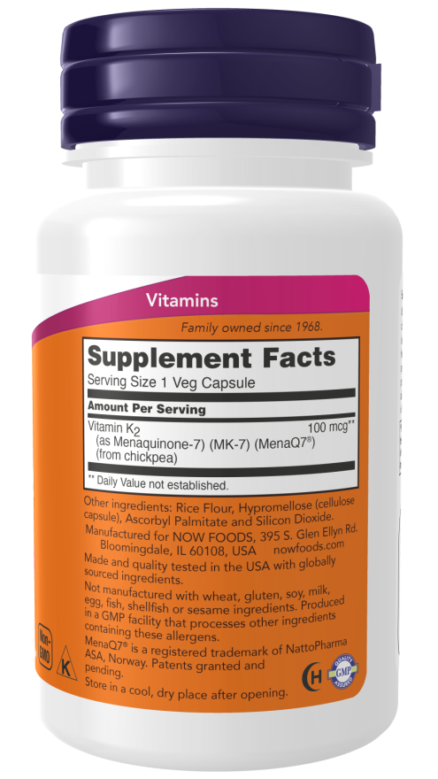Image of Vitamin K2 MK-7 100mcg 60vcaps supplement facts