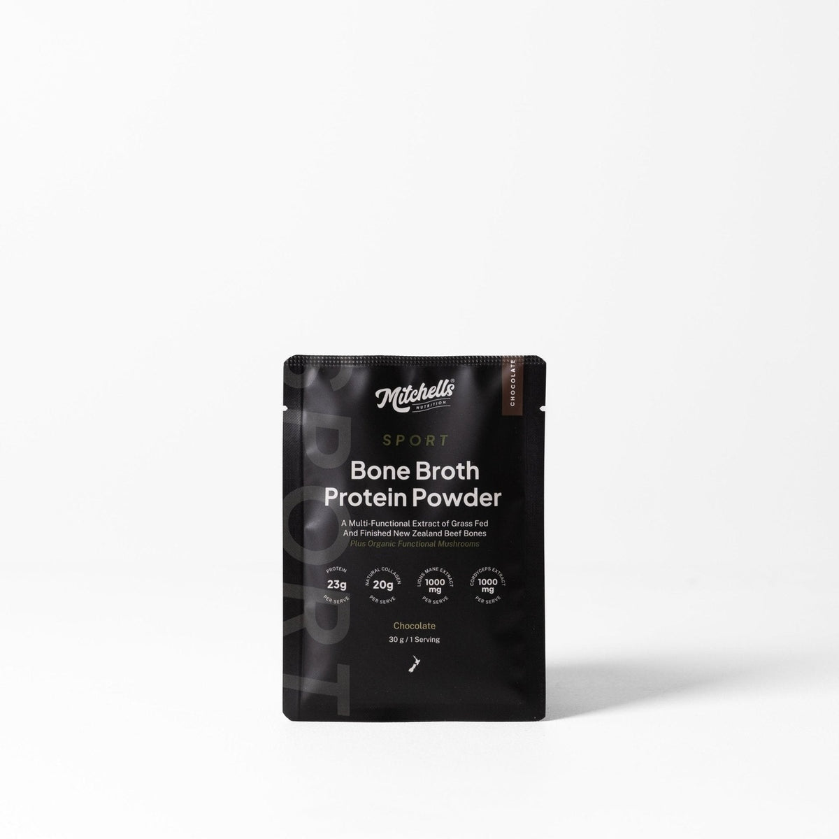 Sample Bone Broth SPORT Protein Powder Chocolate 30g, Mitchells Nutrition, pack shot