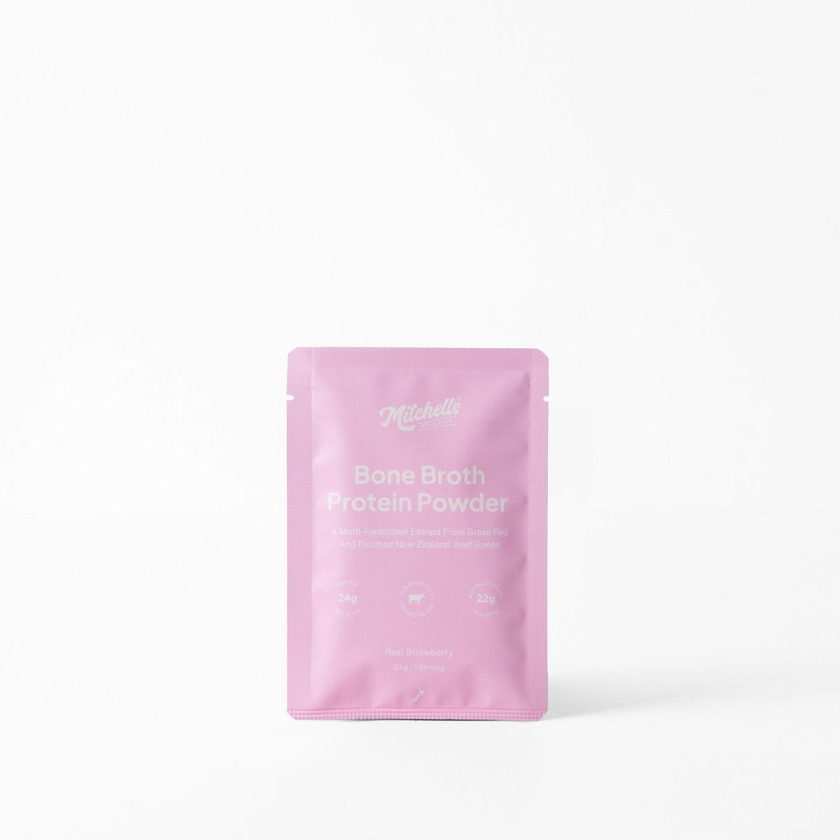 Sample Bone Broth Protein Strawberry 30g, Mitchells Nutrition, pack shot