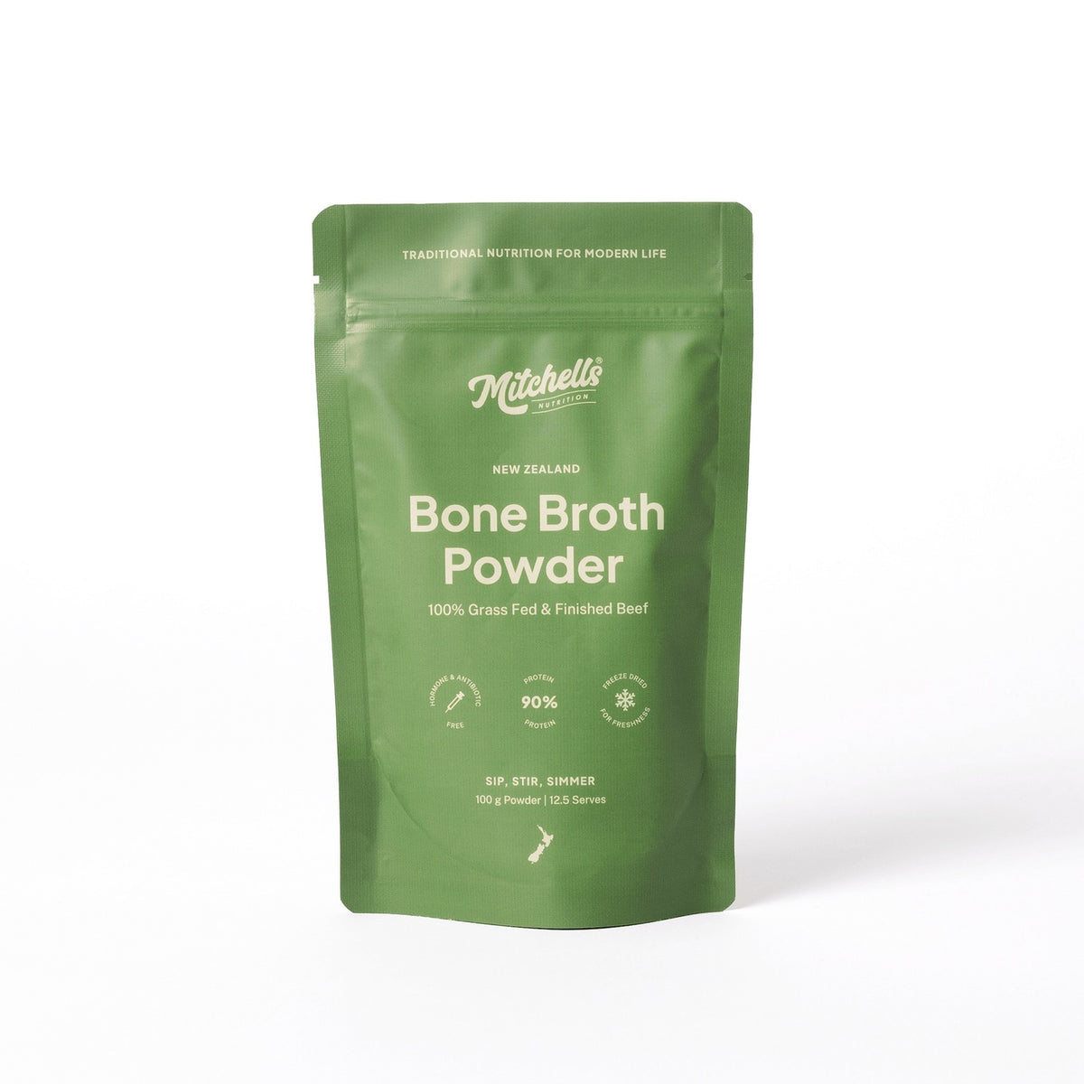 Mitchells Bone Broth Powder 100g, front of the green pouch