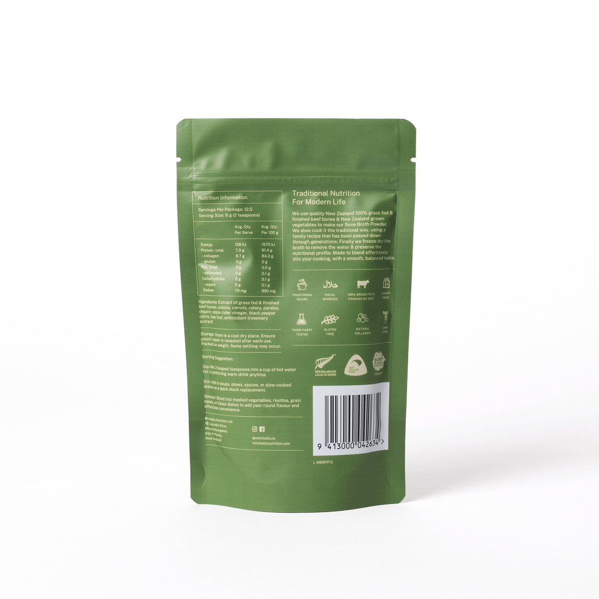 Back of the Mitchells Bone Broth Powder 100g pouch, showing the nutrition panel