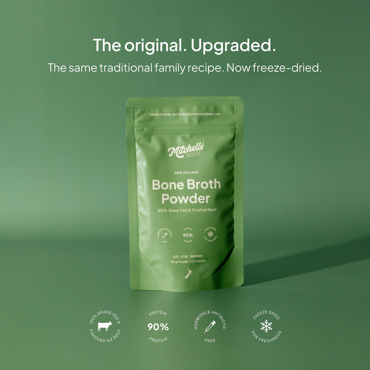 The Mitchells Bone Broth Powder pouch, captioned the original upgraded, now freeze-dried