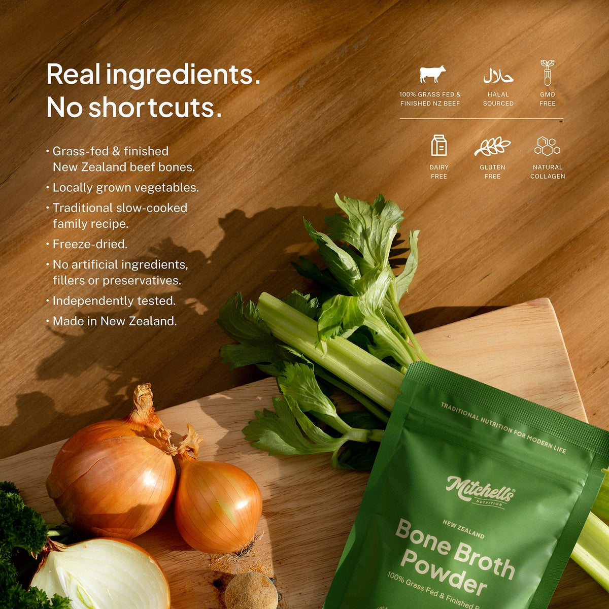 Onions, carrots and celery beside the pouch, listing the real ingredients used