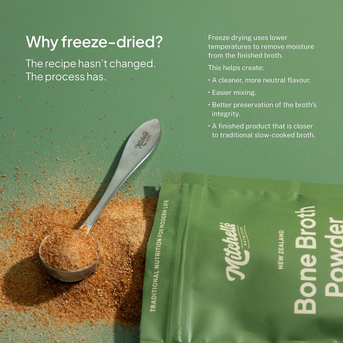 Graphic explaining why the broth is freeze-dried, with a spoon of the powder