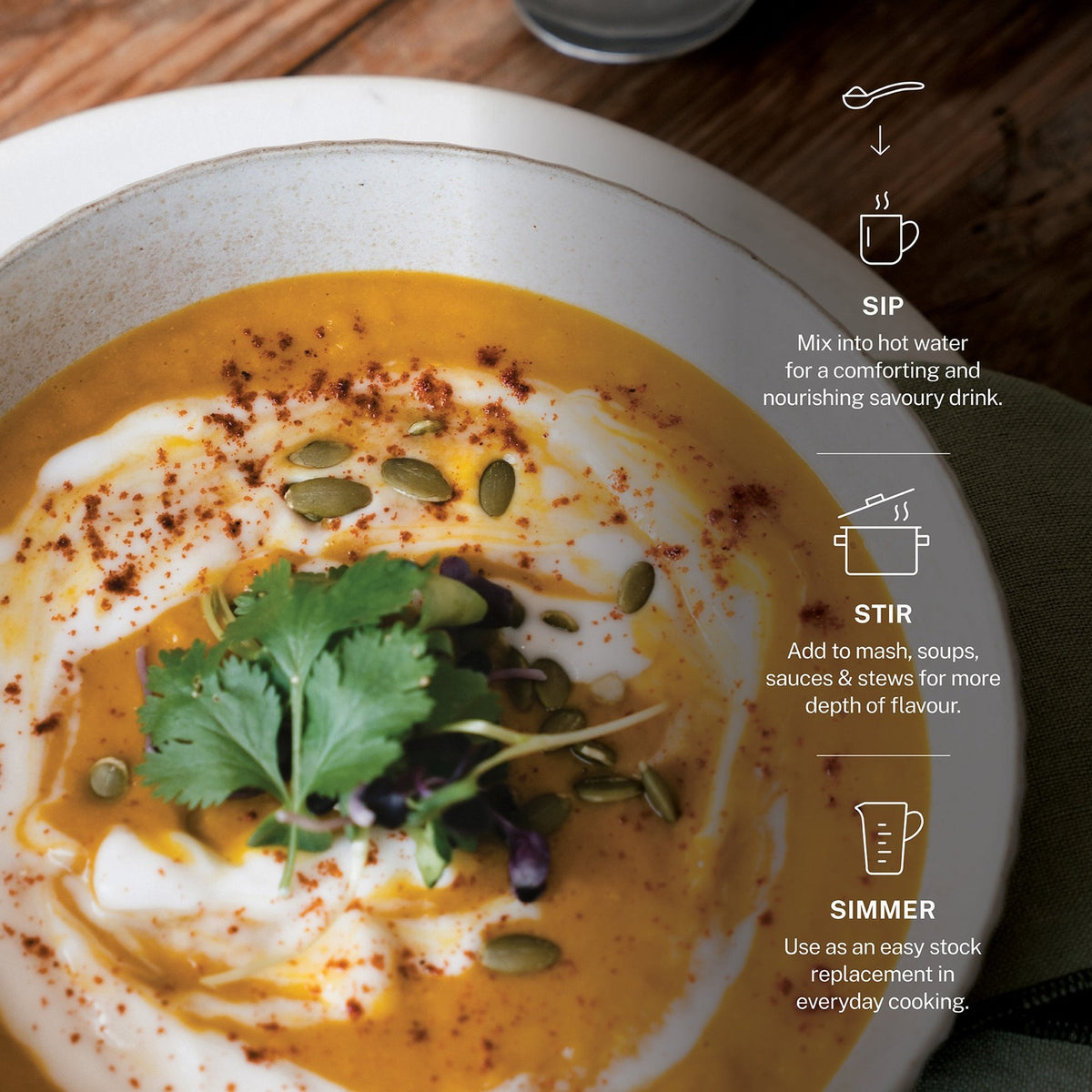 A bowl of soup with the sip, stir and simmer ways to use the powder
