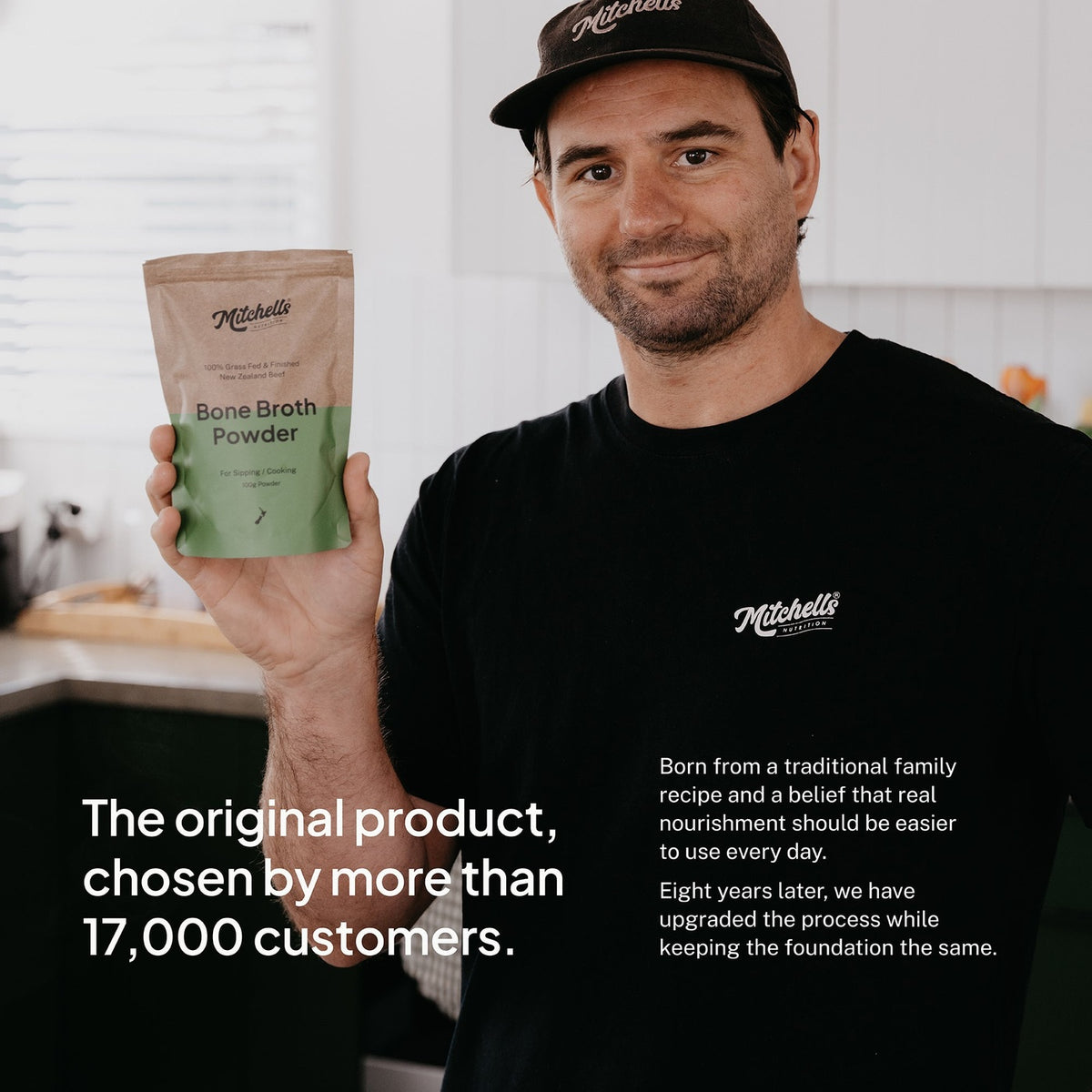 The Mitchells founder holding the Bone Broth Powder pouch