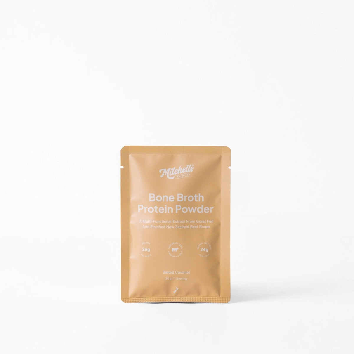Sample Bone Broth Protein Salted Caramel 30g, Mitchells Nutrition, pack shot