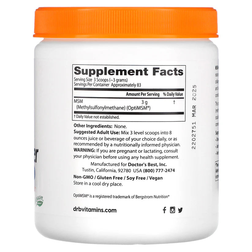 Image of MSM Powder 250g supplement facts
