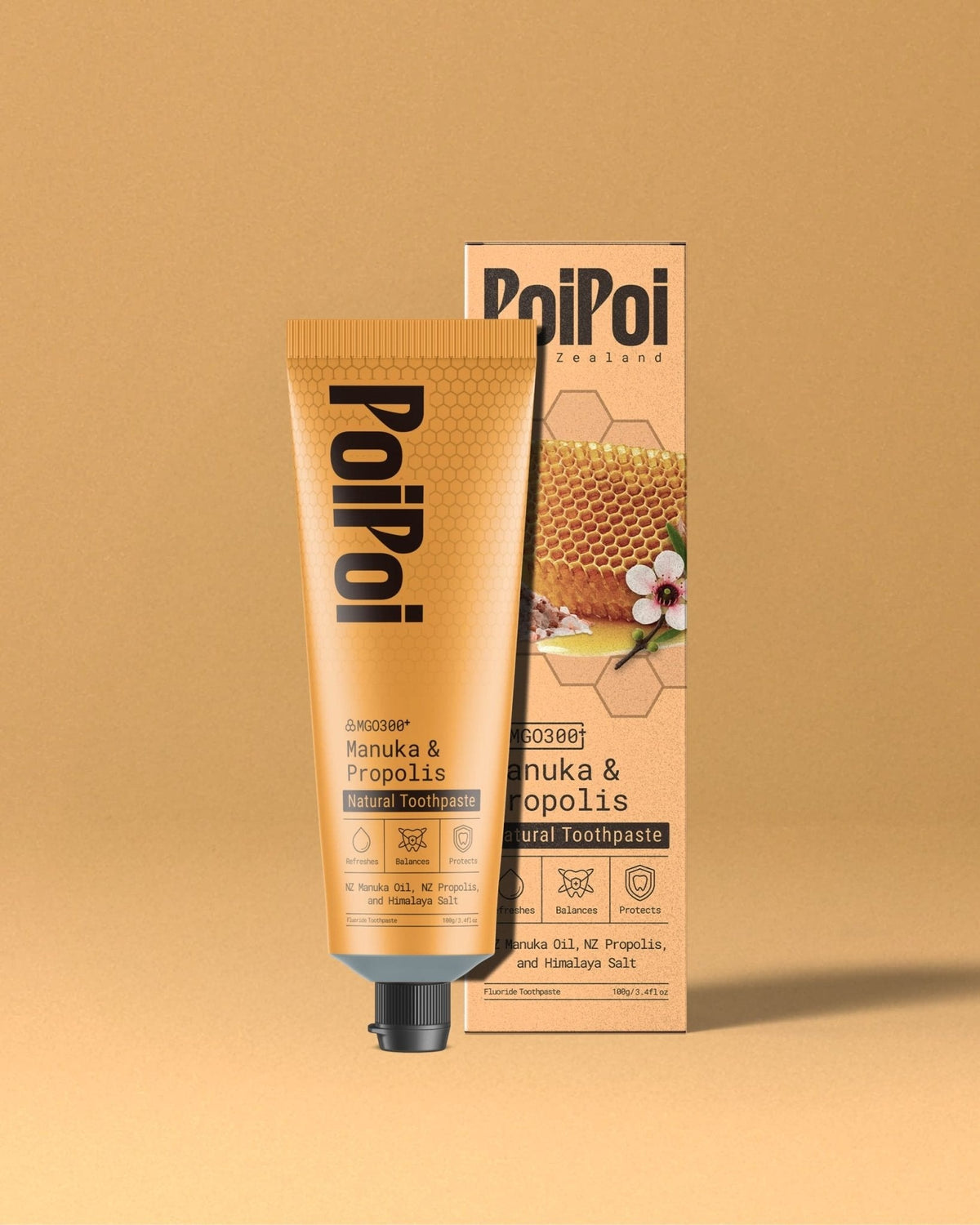 PoiPoi Manuka & Propolis Natural Toothpaste tube beside its box