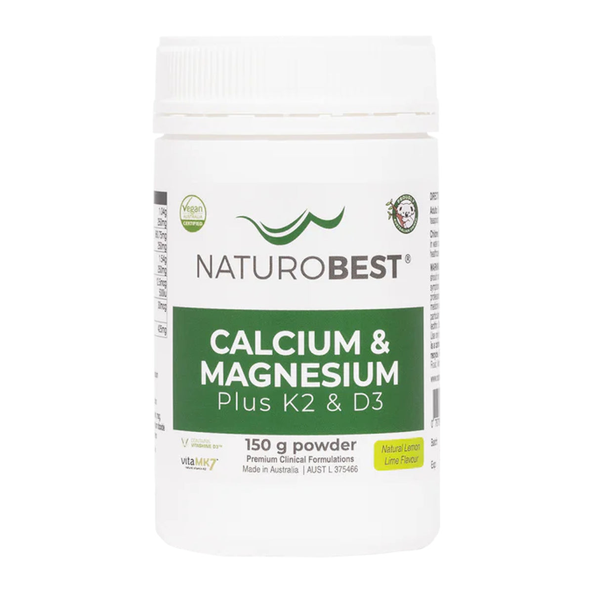 NaturoBest Calcium & Magnesium Plus K2 & D3, 150 g powder, front of pack