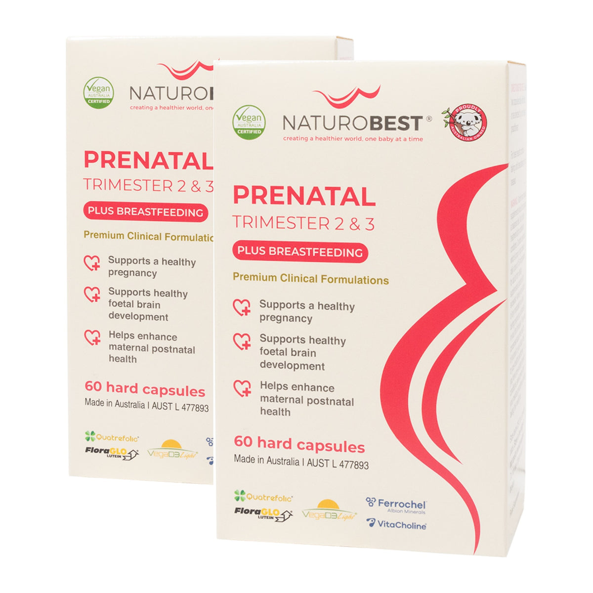 NaturoBest Prenatal Trimester 2 & 3 Plus Breastfeeding double pack, two boxes of 60 capsules, front of pack
