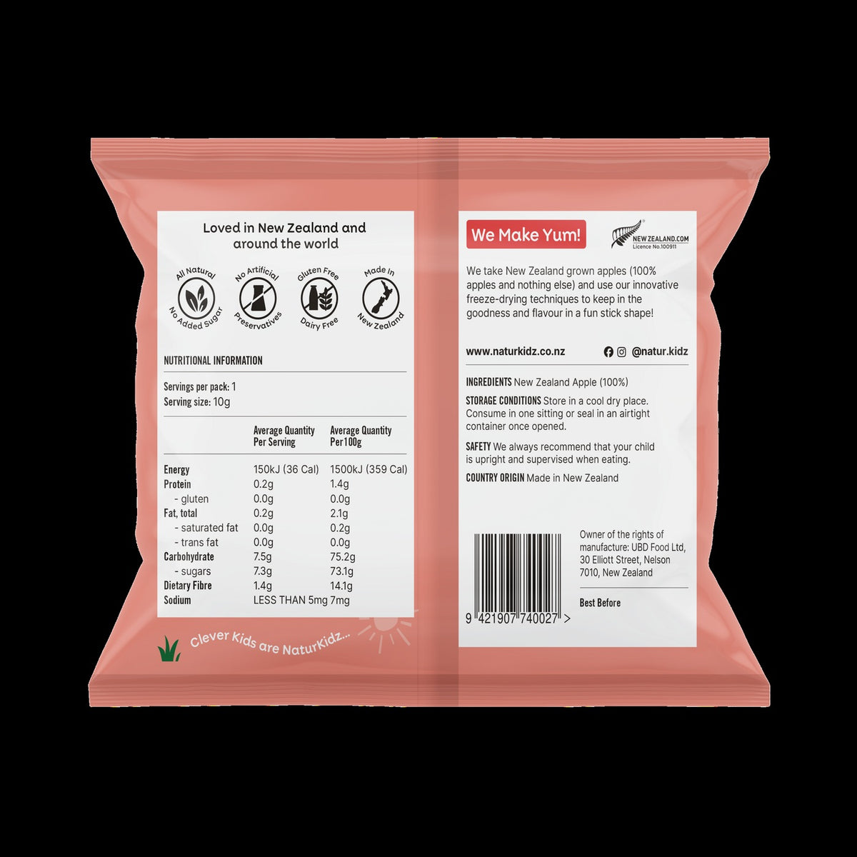 NaturKidz Fruit Crispz Apple Sticks, nutrition information and ingredients panel