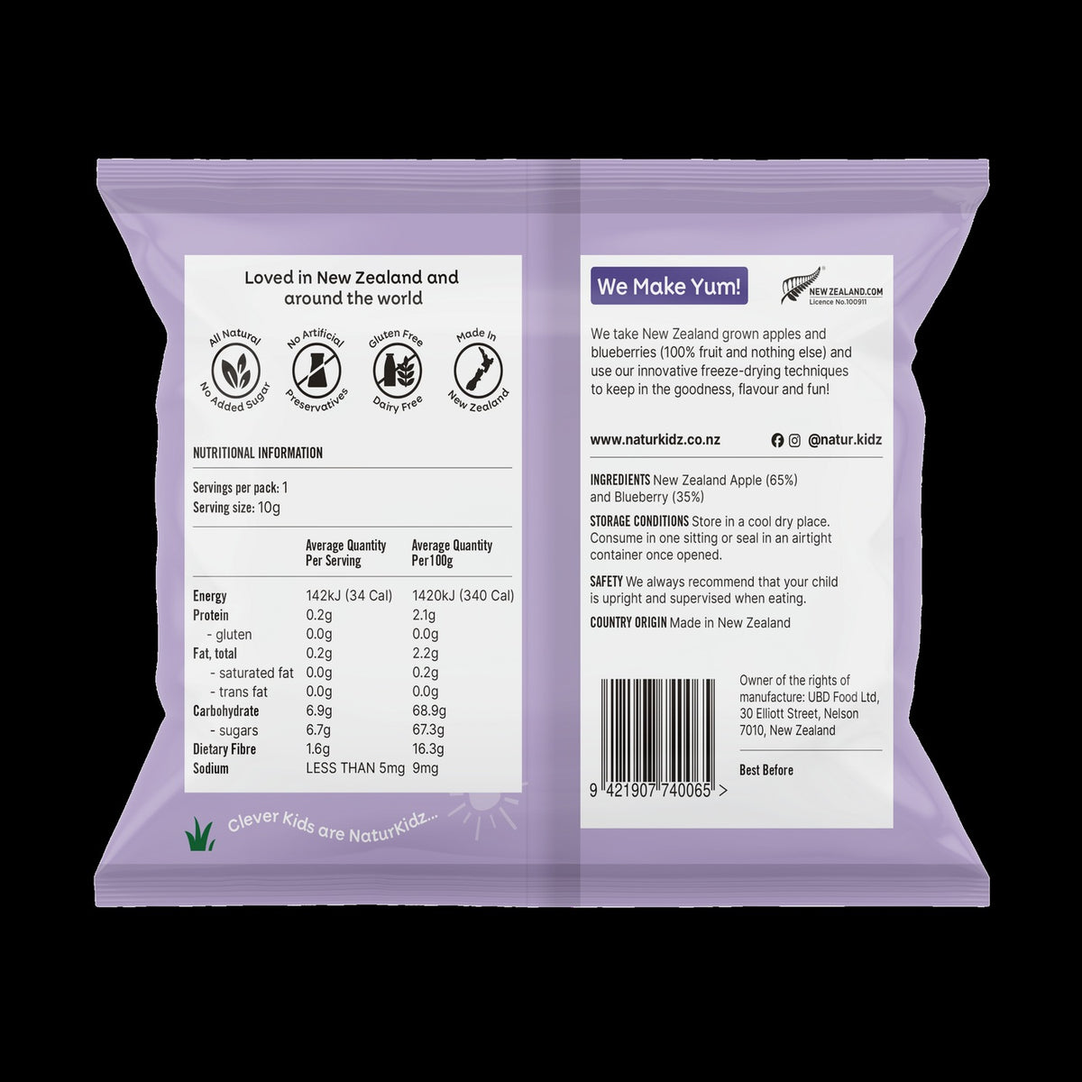 NaturKidz Fruit Crispz Apple Sticks & Blueberry, nutrition information and ingredients panel