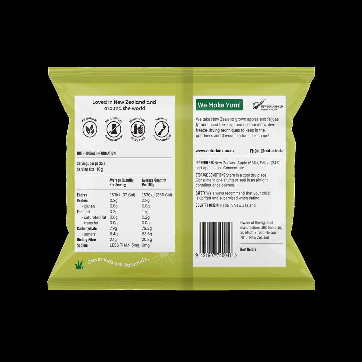 NaturKidz Fruit Crispz Apple & Feijoa Sticks, nutrition information and ingredients panel