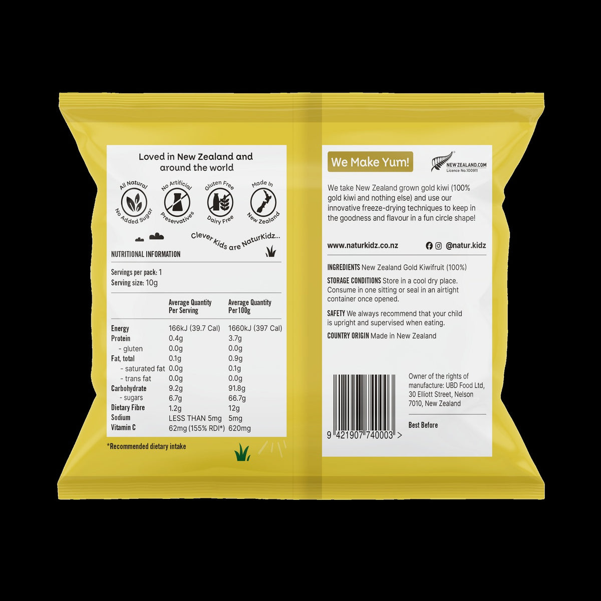 NaturKidz Fruit Crispz Gold Kiwi Slices, nutrition information and ingredients panel