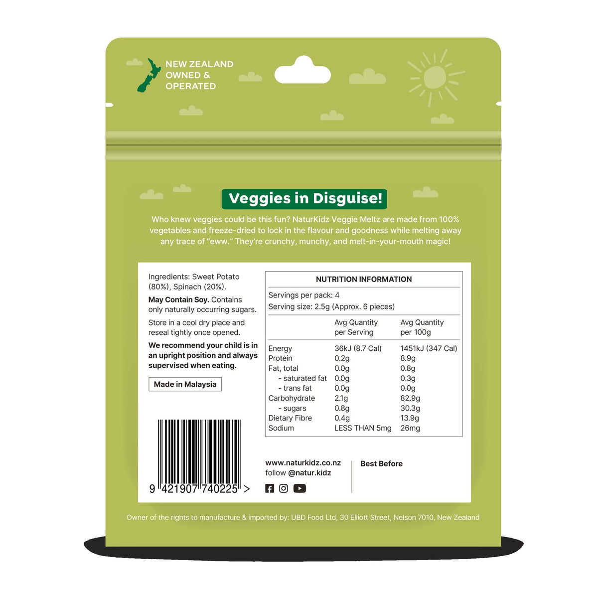 NaturKidz Veggie Meltz Sweet Potato & Spinach, nutrition information and ingredients panel
