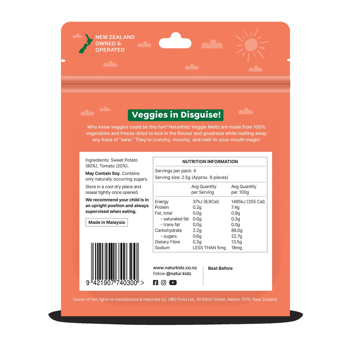NaturKidz Veggie Meltz Sweet Potato & Tomato, nutrition information and ingredients panel