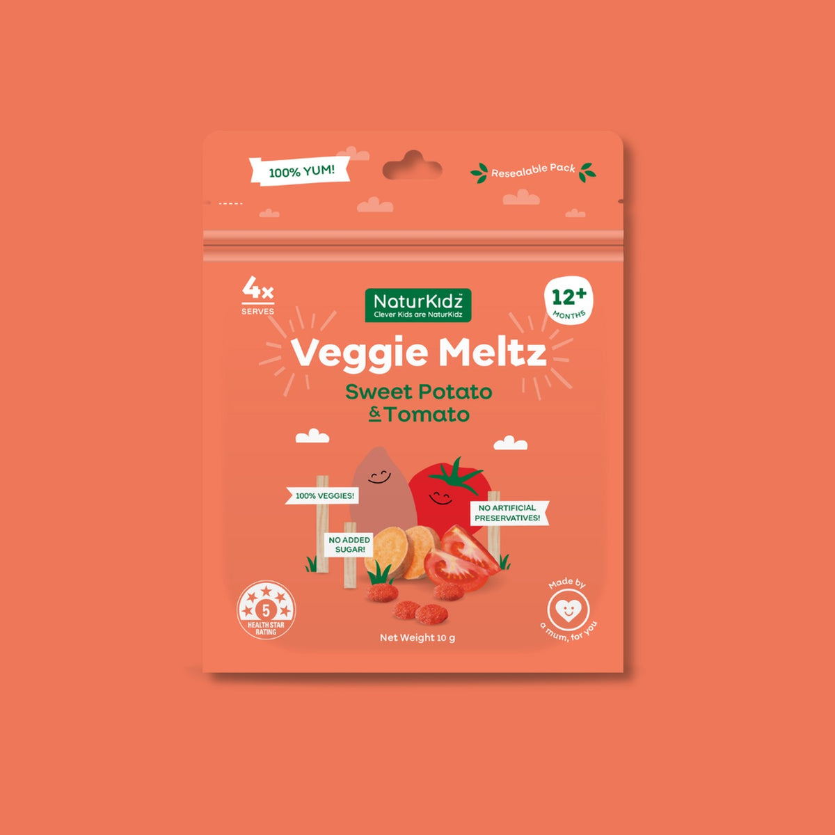 NaturKidz Veggie Meltz Sweet Potato & Tomato, front of pack