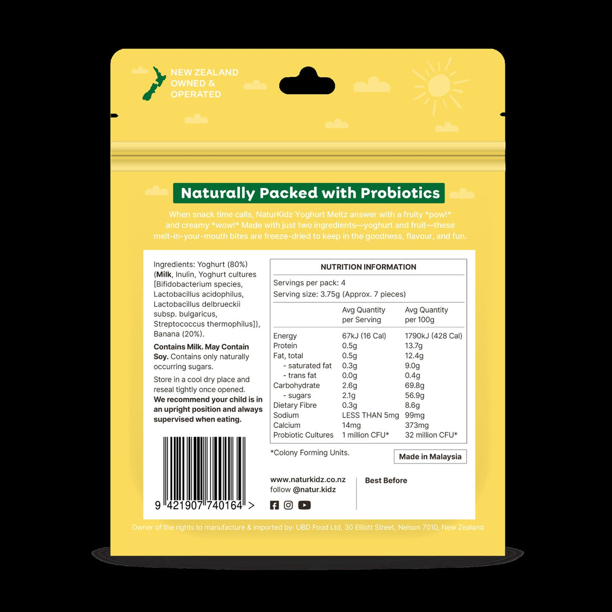 NaturKidz Yoghurt Meltz Banana, nutrition information and ingredients panel