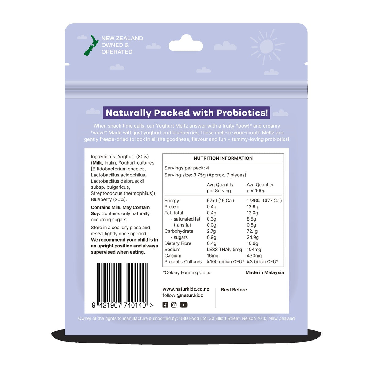 NaturKidz Yoghurt Meltz Blueberry, nutrition information and ingredients panel