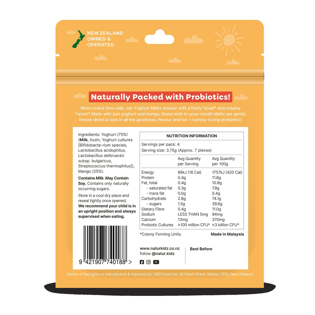 NaturKidz Yoghurt Meltz Mango, nutrition information and ingredients panel