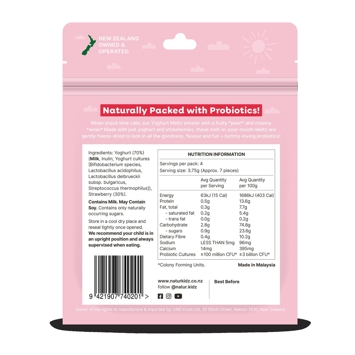 NaturKidz Yoghurt Meltz Strawberry, nutrition information and ingredients panel