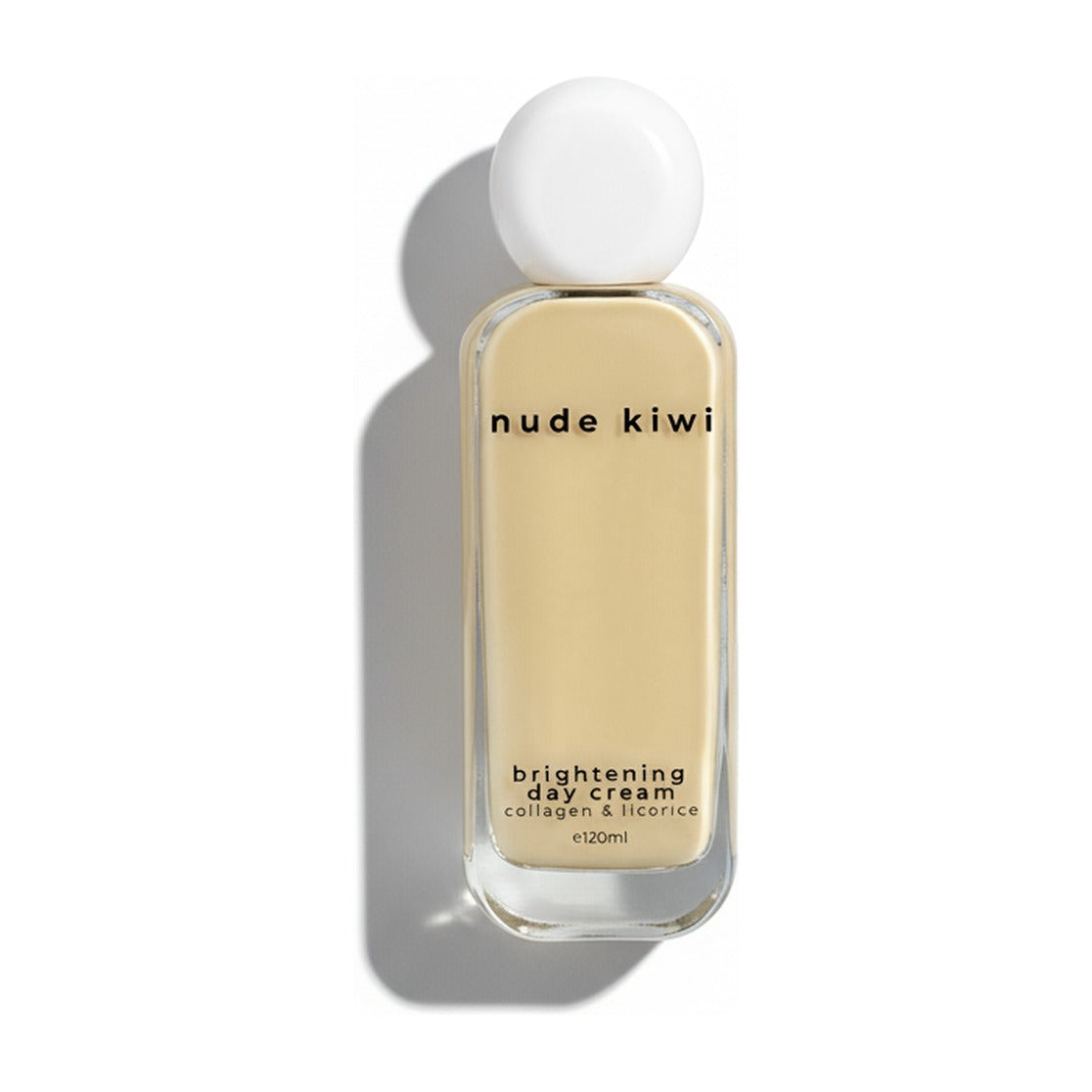 Nude Kiwi Brightening Day Cream, glass bottle with a white cap, front of pack