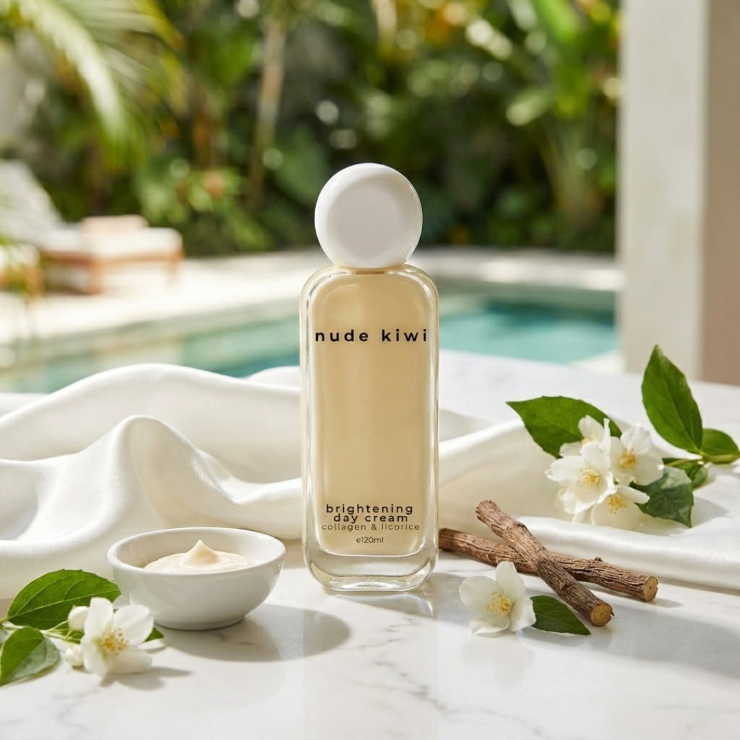 Nude Kiwi Brightening Day Cream bottle on marble beside jasmine flowers and licorice root, with a dish of the cream