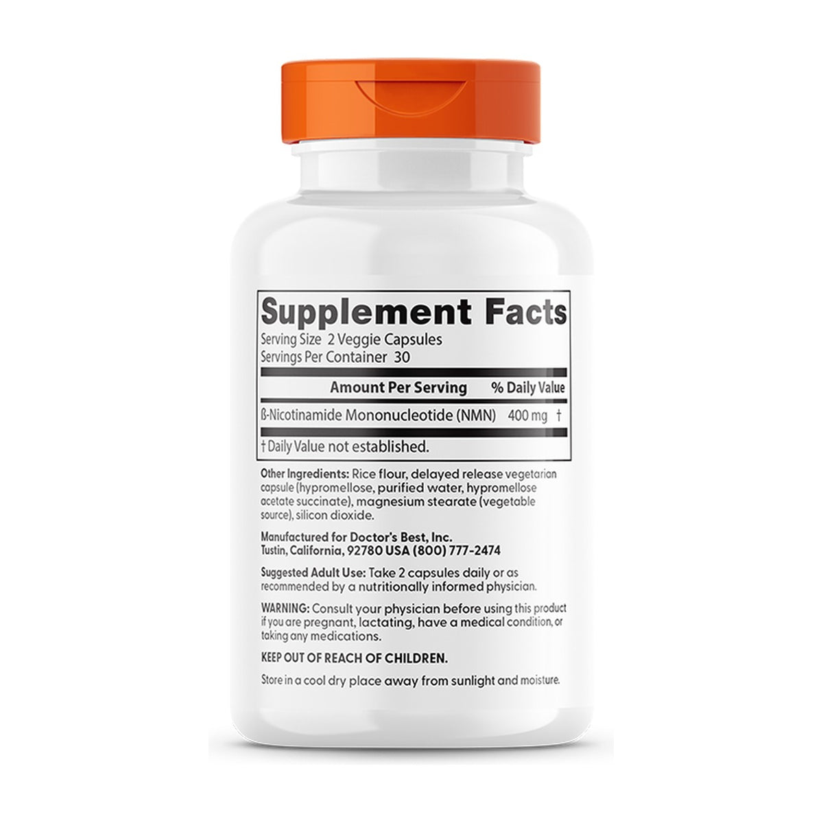 Doctor's Best NMN 60 capsules, back label with supplement facts, other ingredients, suggested use and warnings