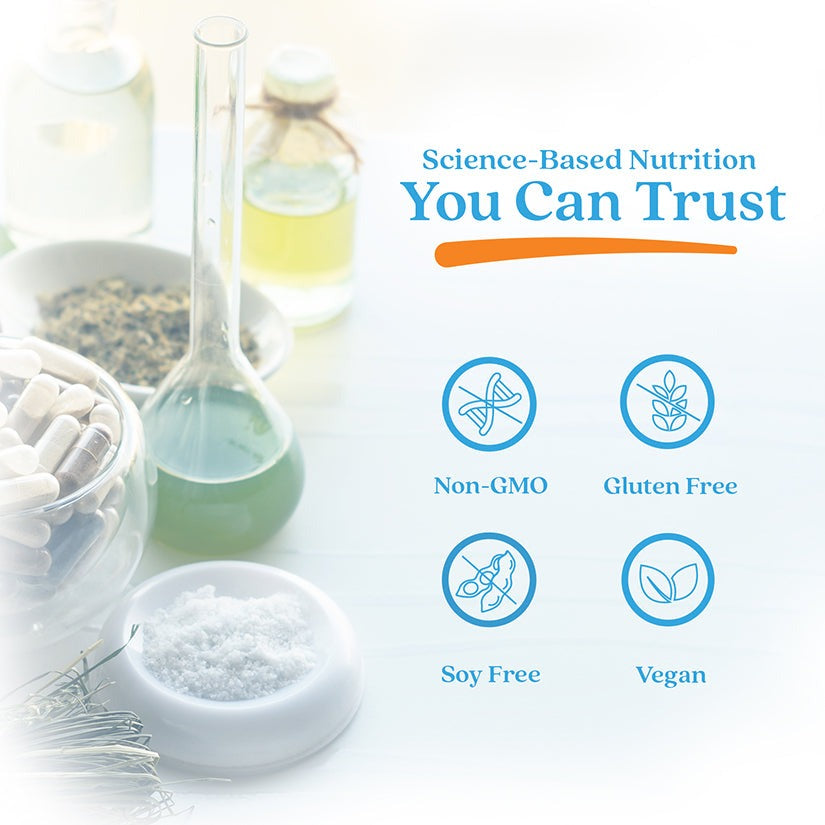 Doctor's Best icons for non-GMO, gluten free, soy free and vegan beside laboratory glassware