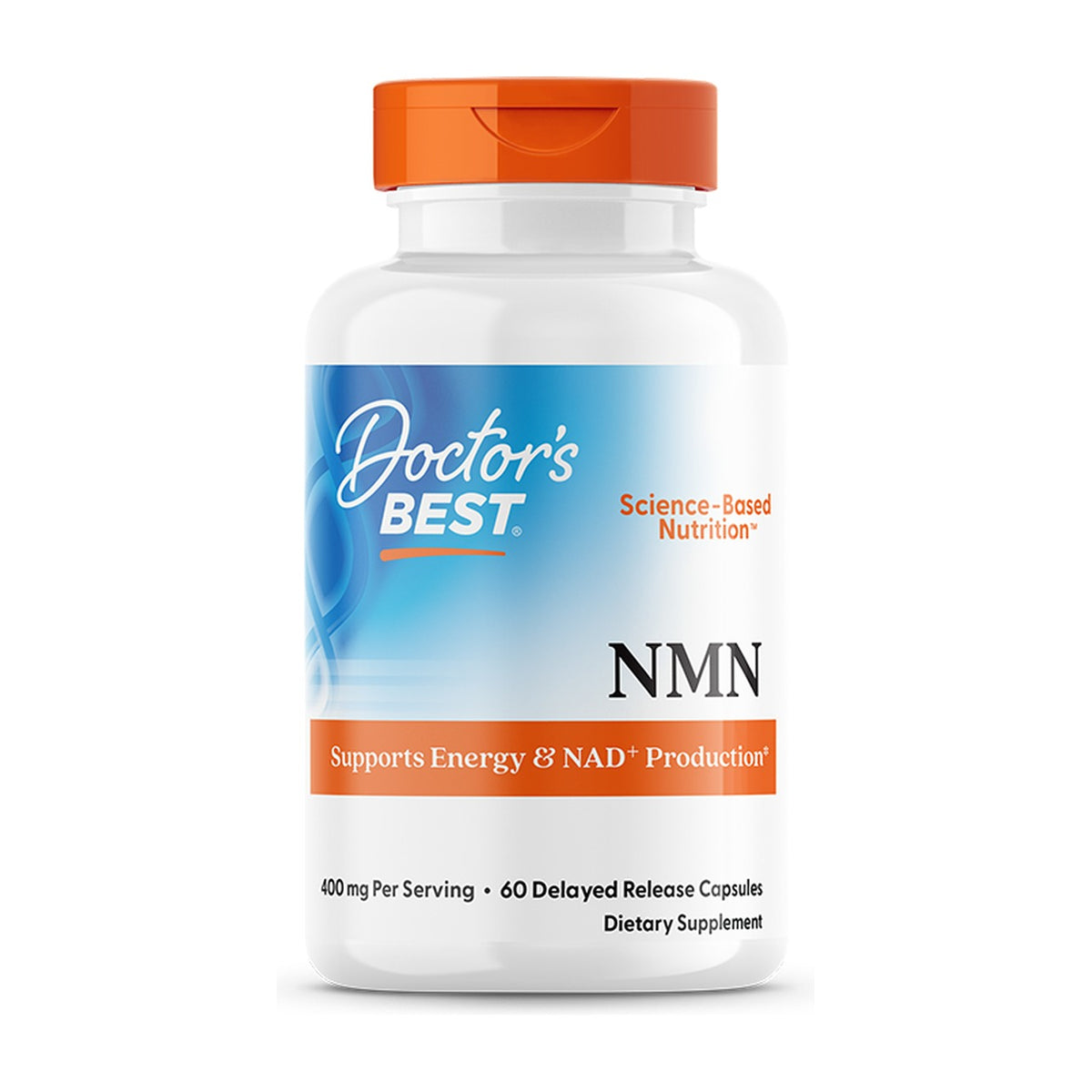 Doctor's Best NMN 400mg per serving, 60 delayed release capsules, white bottle with orange cap, front of pack