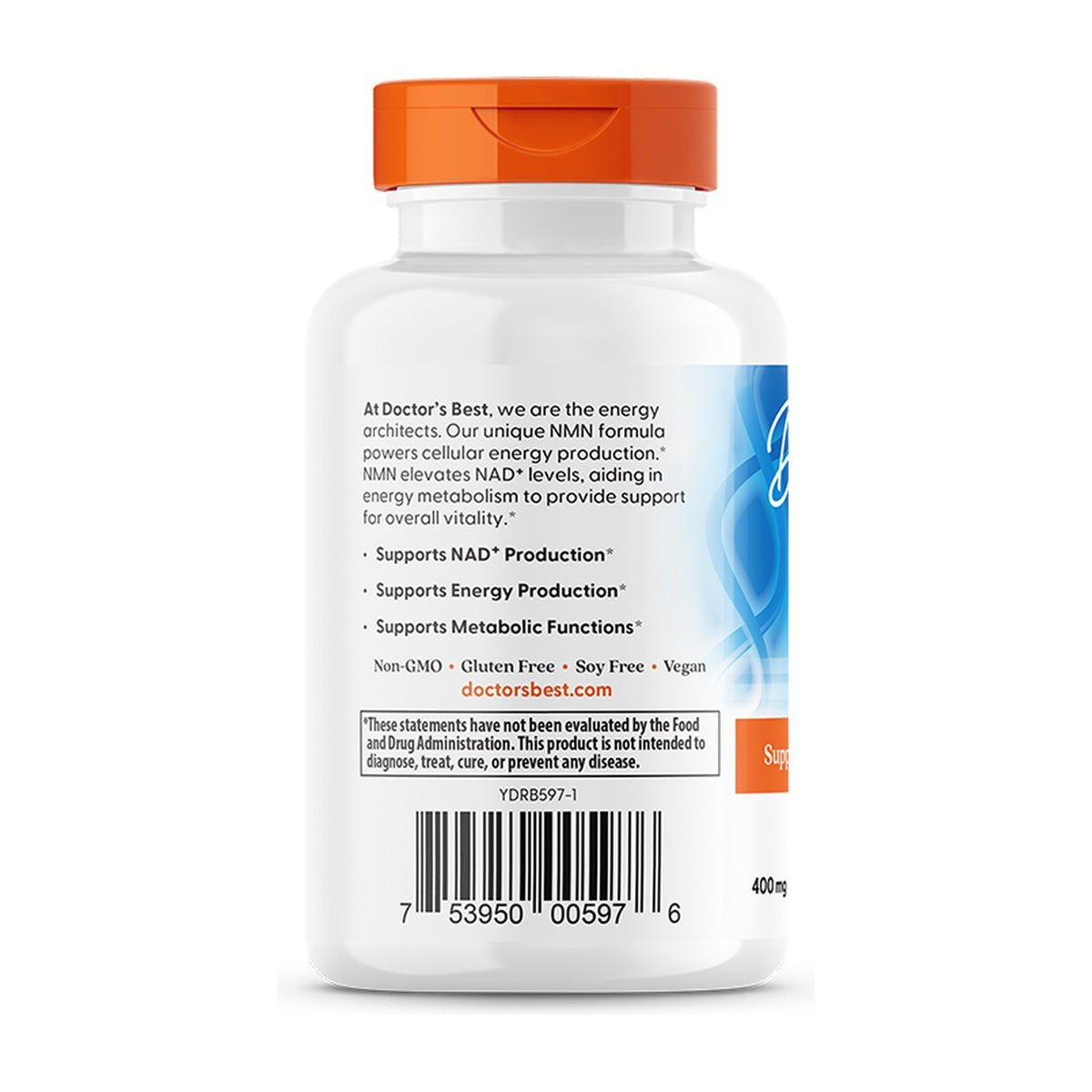 Doctor's Best NMN 60 capsules, side label with non-GMO, gluten free, soy free and vegan statements and barcode